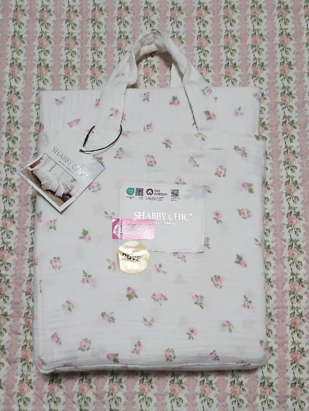 SET Shabby Chic Gauze Cotton Pink Rose Bud Print Duvet Cover + 2 Pillow Covers